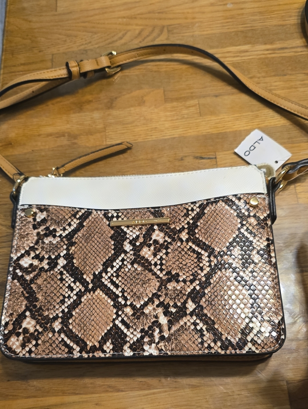 ALDO Tan Snake-Print Crossbody with White Trim NWT
